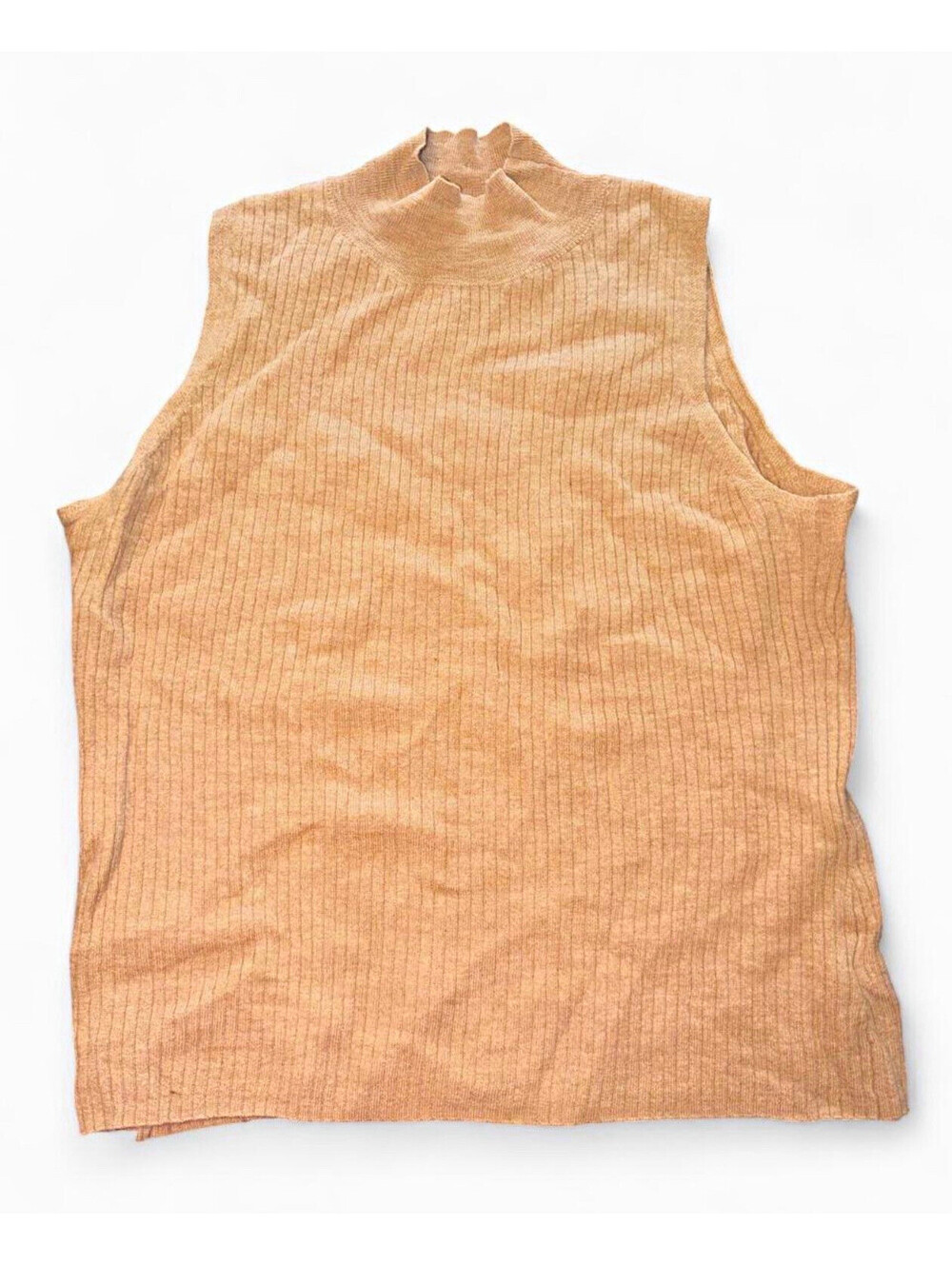 Halston Women's M Merino Wool Rib Knit Mock Neck Sleeveless Sweater Beige
